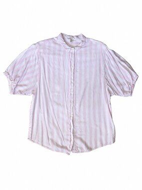 beachlunchlounge Pink White Striped Short Sleeve Button-Up | Medium
